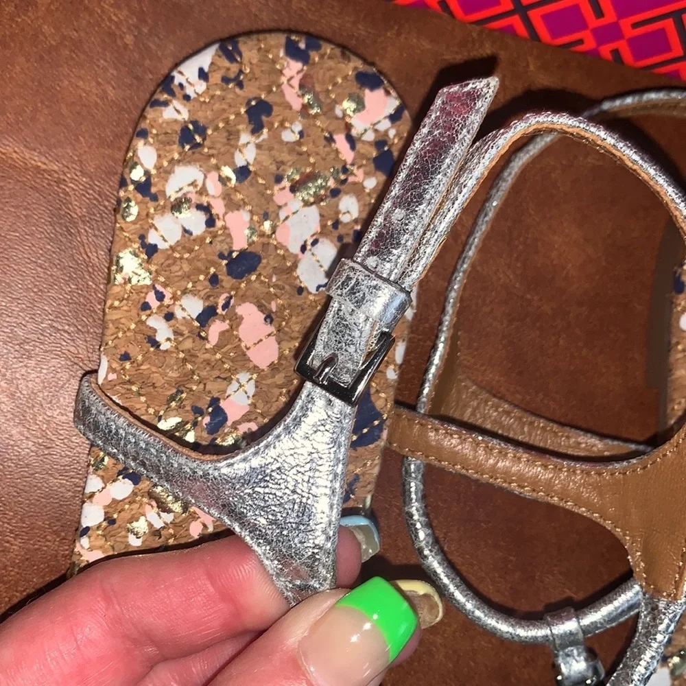 Tory Burch marion quilted sandals confetti reverse metallic silver new box 5.5